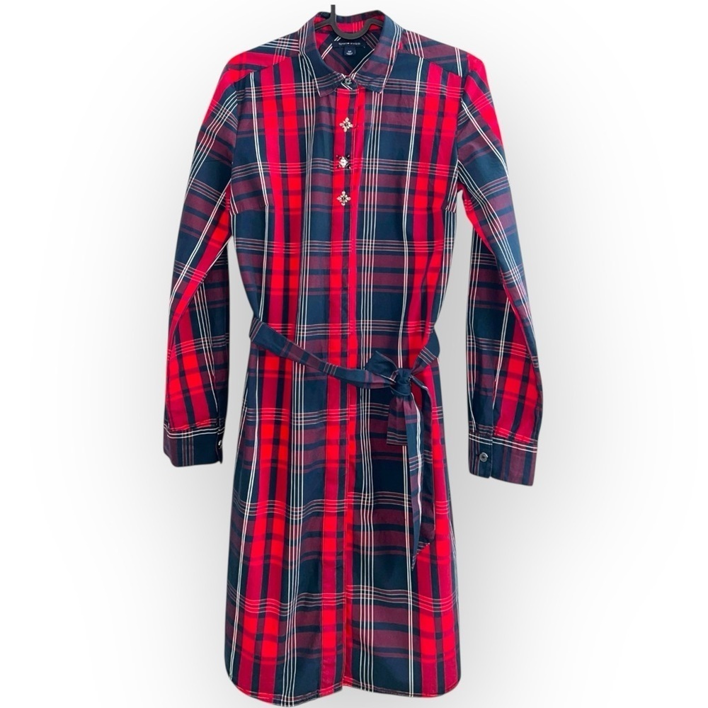 Tommy Hilfiger Red Navy Plaid Shirt mini collar Longsleeve cotton dress belt S - Picture 1 of 8
